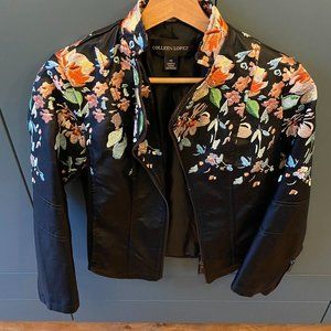 Embroidered Colleen Lopez faux leather jacket, size XS